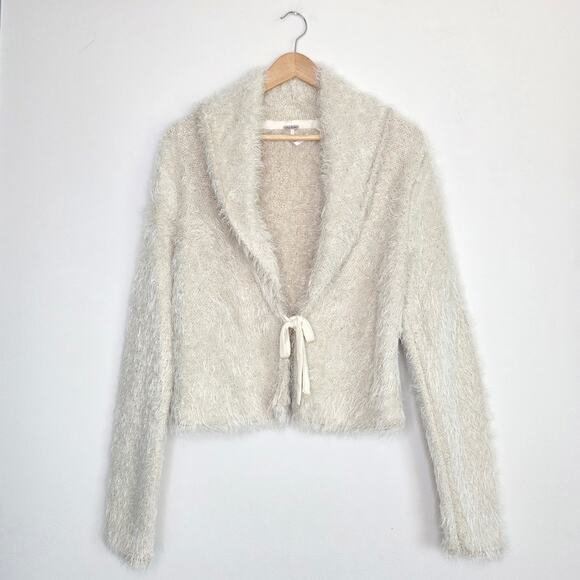 Free People Mina Fuzzy Sequin Tie Front Cardigan Cream Ivory Size Large - Picture 2 of 9
